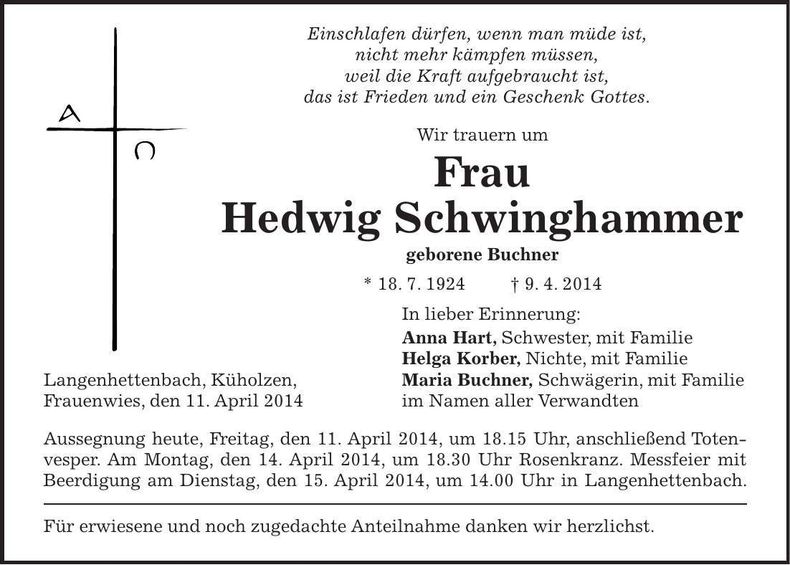 Traueranzeige Hedwig Schwinghammer