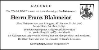 Traueranzeige Franz Blabmeier