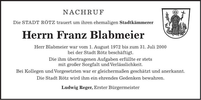 Traueranzeige Franz Blabmeier