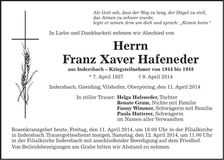 Traueranzeige Franz Xaver Hafeneder