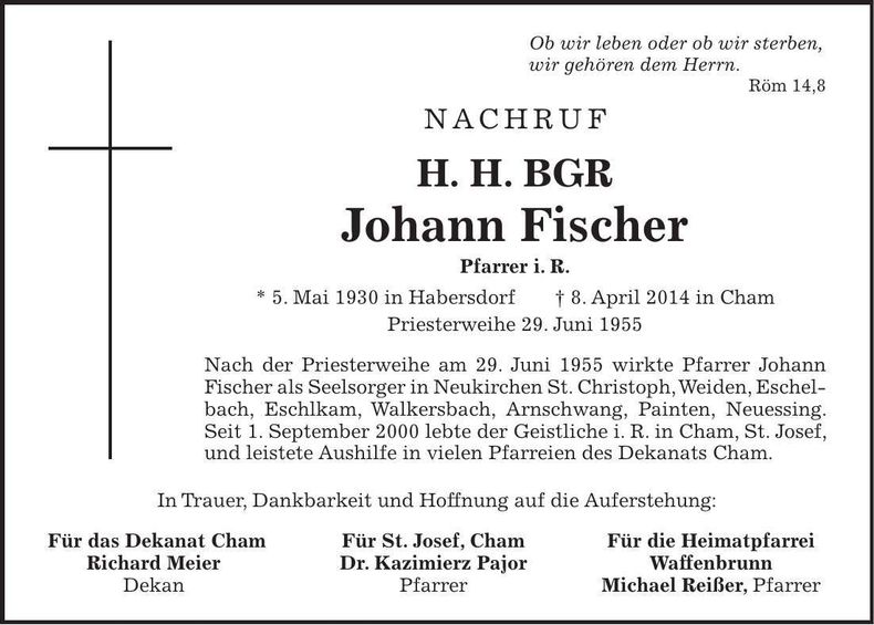 Traueranzeige Johann Fischer