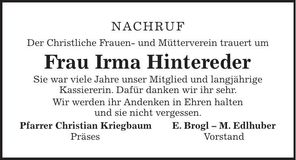Traueranzeige Irma Hintereder