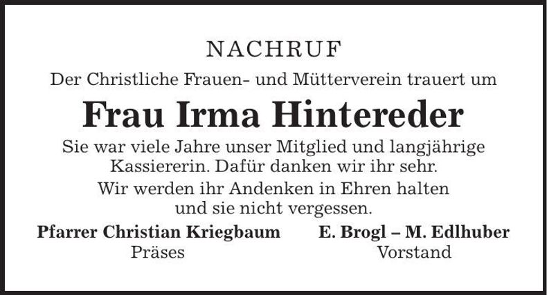 Traueranzeige Irma Hintereder
