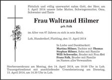 Traueranzeige Waltraud Hilmer