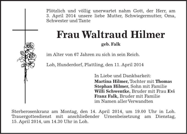 Traueranzeige Waltraud Hilmer