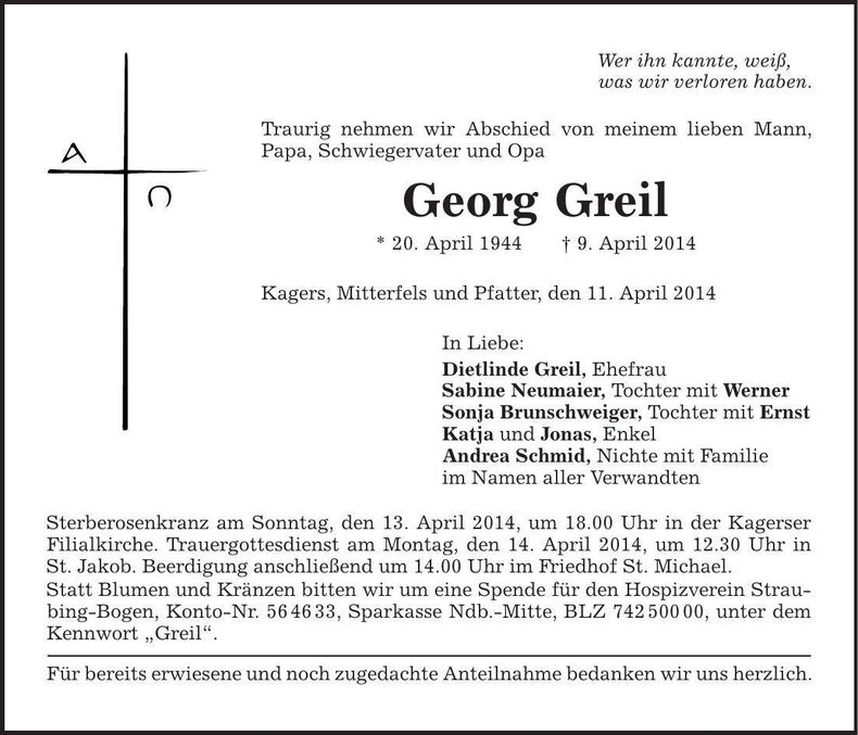 Traueranzeige Georg Greil