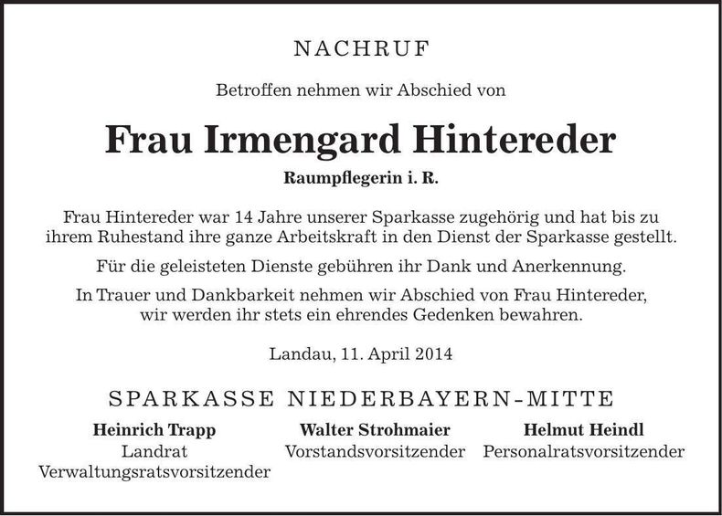 Traueranzeige Irmengard Hintereder