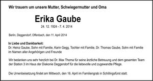 Traueranzeige Erika Gaube