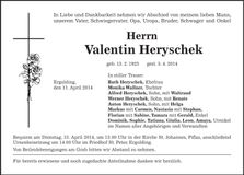 Traueranzeige Valentin Heryschek