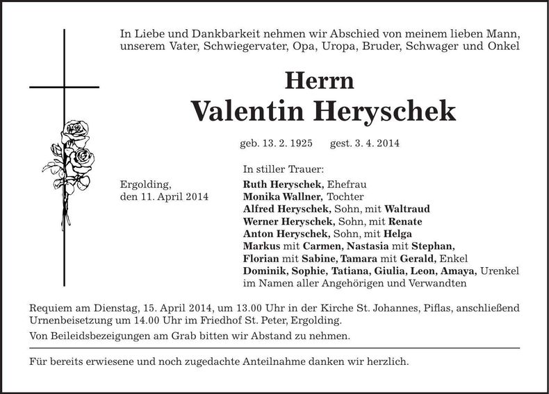 Traueranzeige Valentin Heryschek