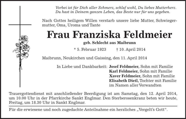 Traueranzeige Franziska Feldmeier