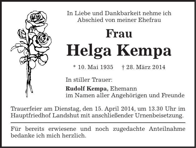 Traueranzeige Helga Kempa