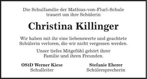 Traueranzeige Christina Killinger