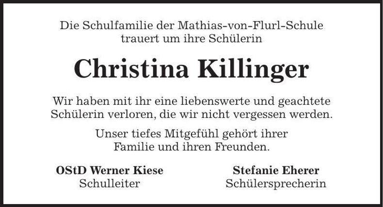 Traueranzeige Christina Killinger