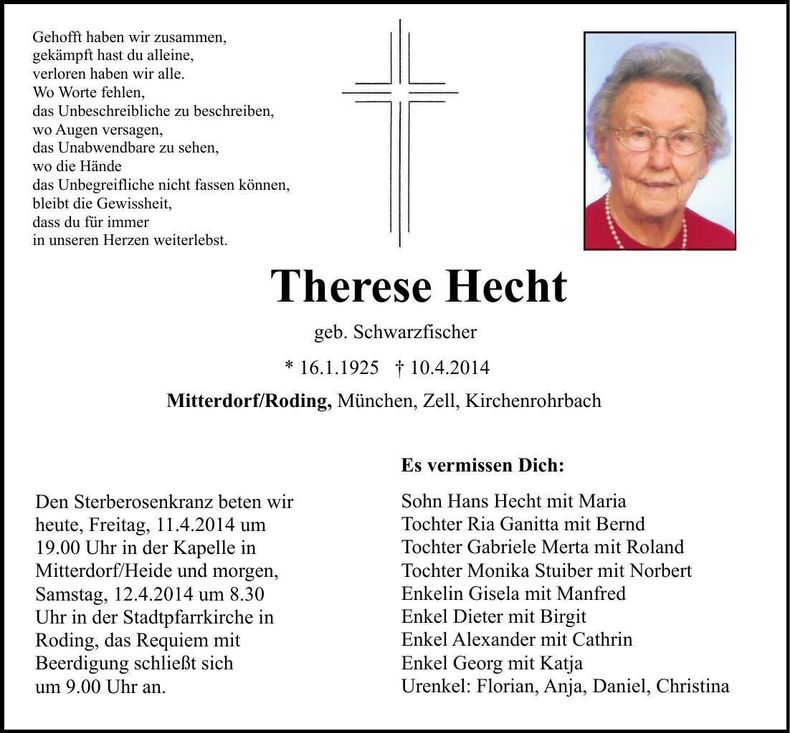 Traueranzeige Therese Hecht
