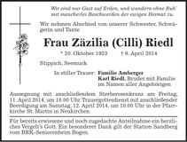 Traueranzeige Zäzilia Riedl