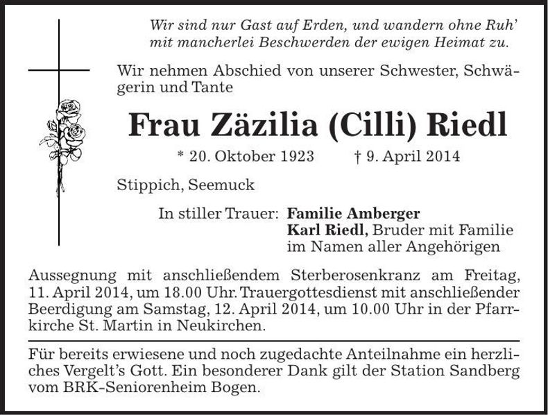 Traueranzeige Zäzilia Riedl