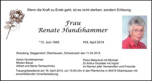 Traueranzeige Renate Hundshammer