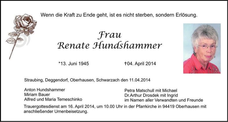 Traueranzeige Renate Hundshammer