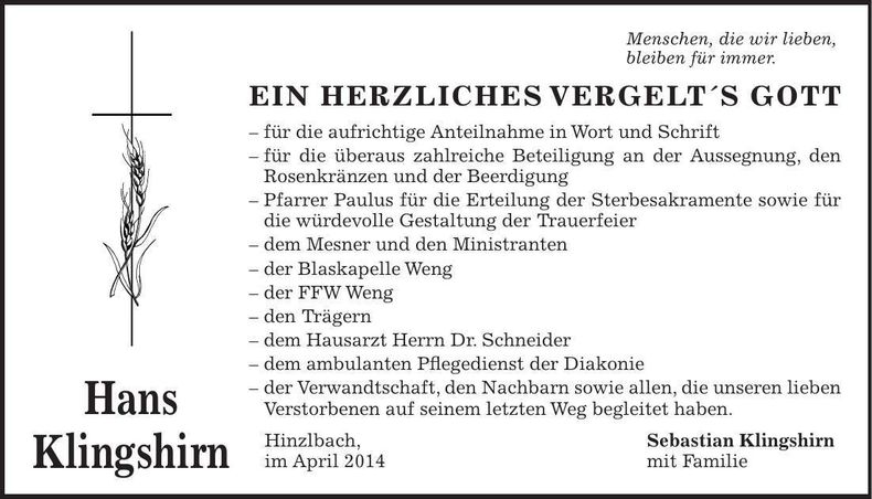 Traueranzeige Hans Klingshirn