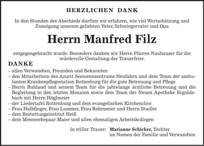 Traueranzeige Manfred Filz