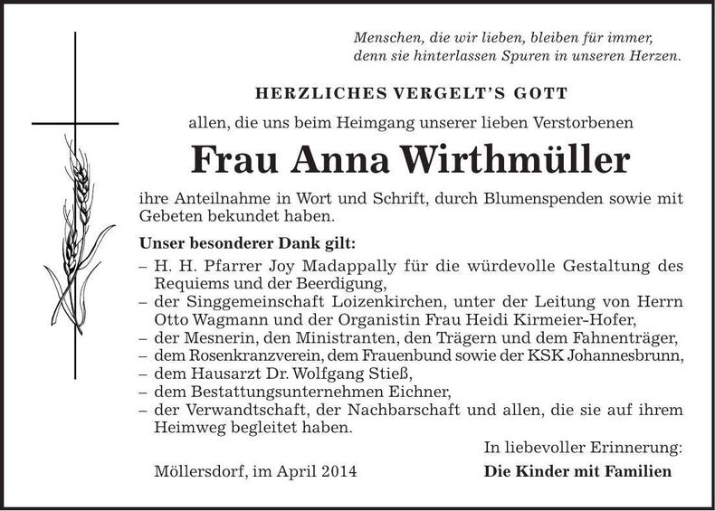 Traueranzeige Anna Wirthmüller
