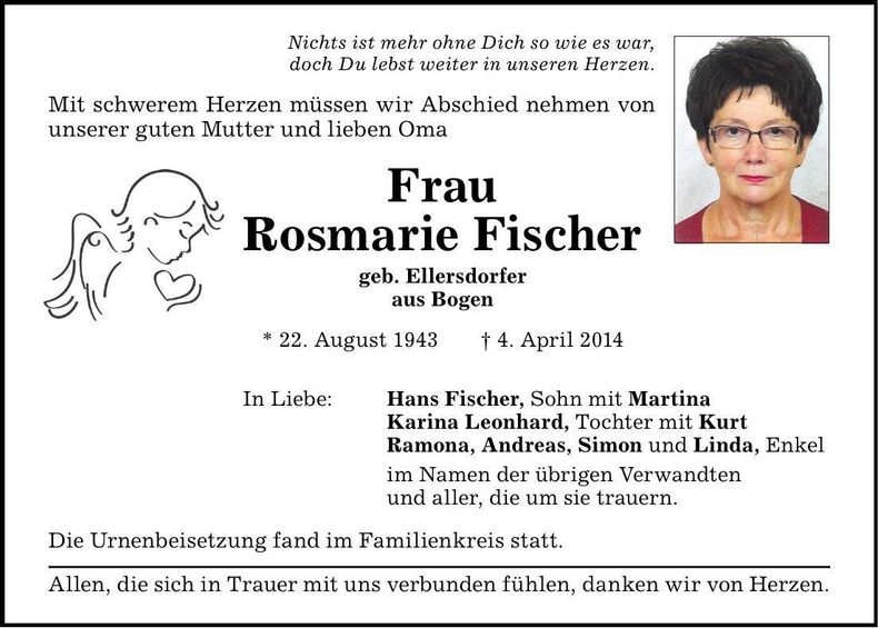 Traueranzeige Rosmarie Fischer