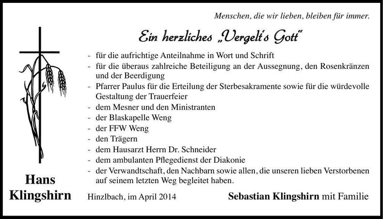 Traueranzeige Hans Klingshirn