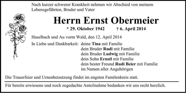 Traueranzeige Ernst Obermeier
