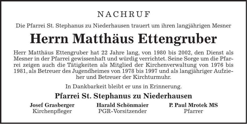 Traueranzeige Matthäus Ettengruber