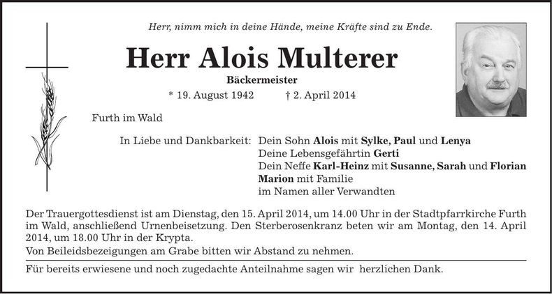 Traueranzeige Alois Multerer