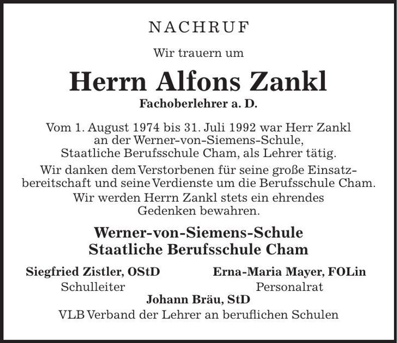 Traueranzeige Alfons Zankl
