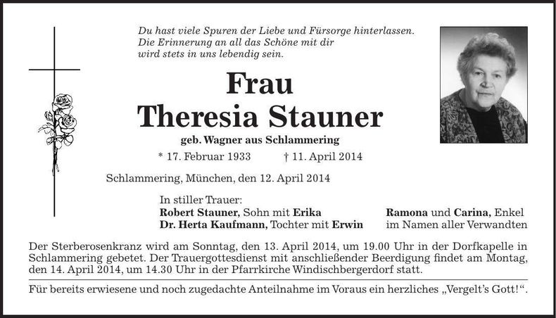 Traueranzeige Theresia Stauner