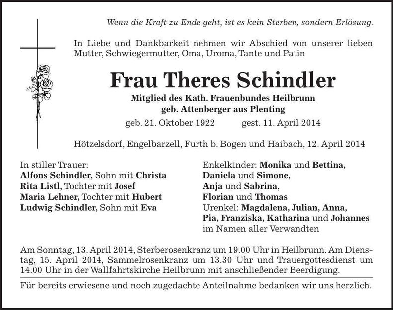 Traueranzeige Theres Schindler