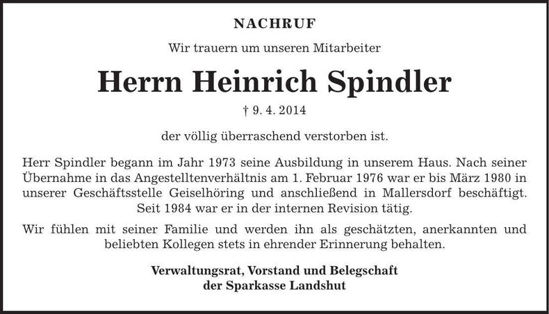 Traueranzeige Heinrich Spindler