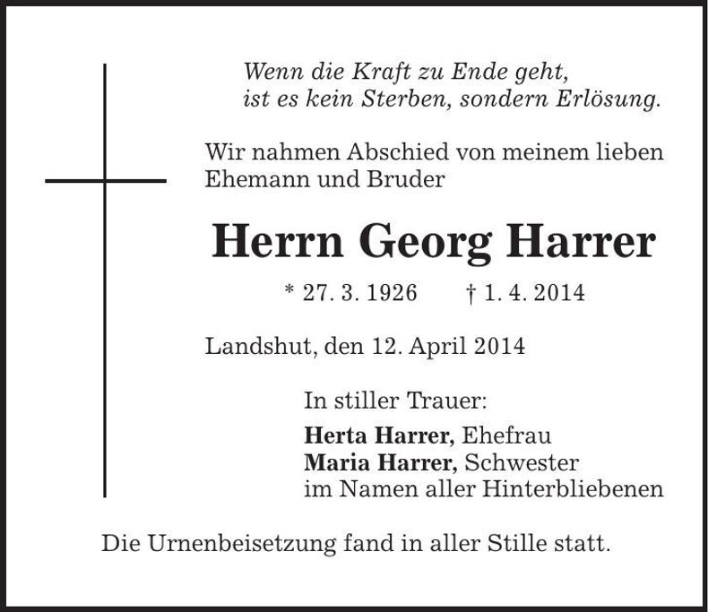 Traueranzeige Georg Harrer