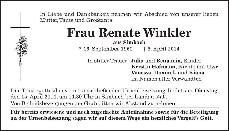 Traueranzeige Renate Winkler
