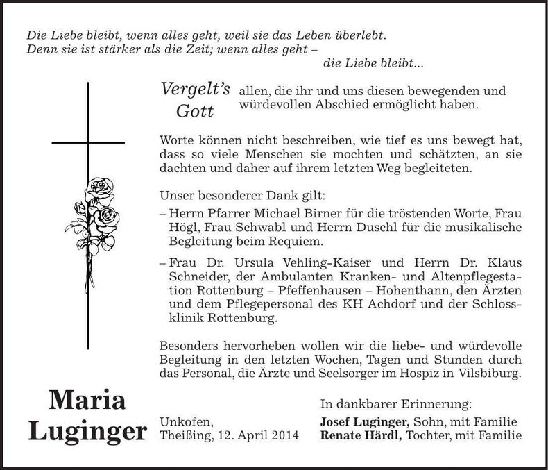 Traueranzeige Maria Luginger