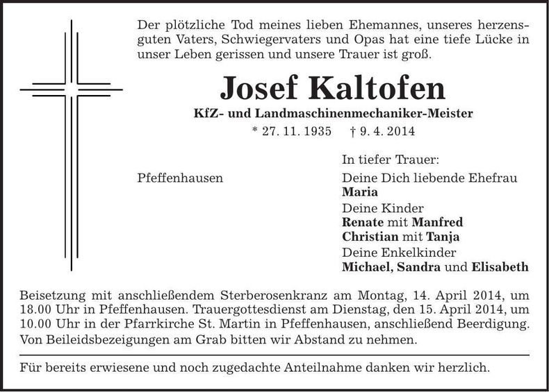 Traueranzeige Josef Kaltofen