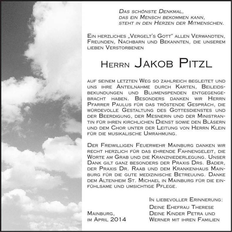 Traueranzeige Jakob Pitzl