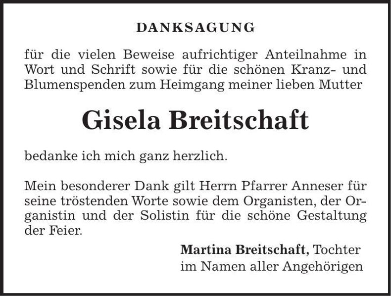 Traueranzeige Gisela Breitschaft