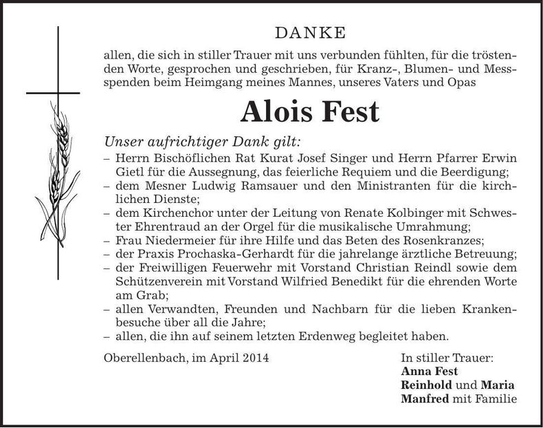 Traueranzeige Alois Fest