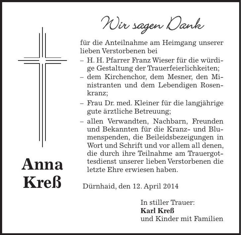 Traueranzeige Anna Kreß