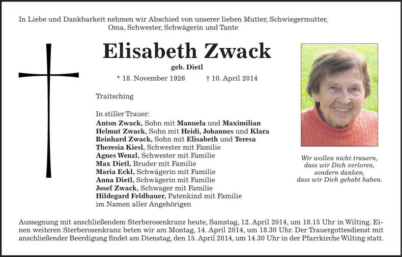 Traueranzeige Elisabeth Zwack