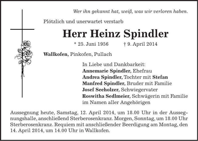 Traueranzeige Heinz Spindler