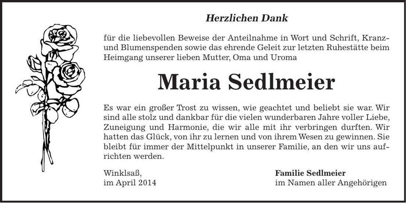 Traueranzeige Maria Sedlmeier