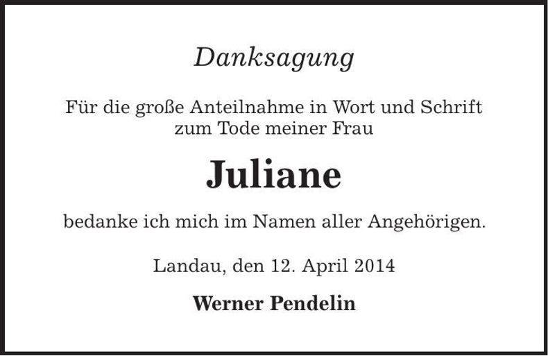 Traueranzeige Juliane Pendelin