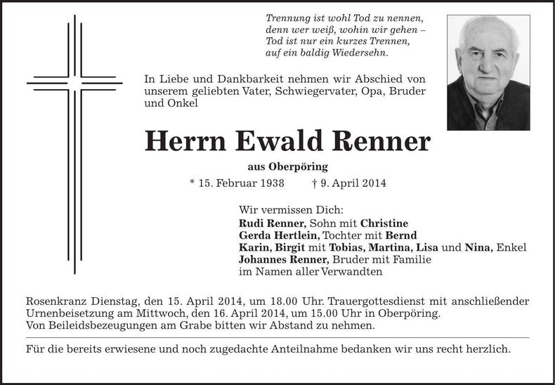 Traueranzeige Ewald Renner