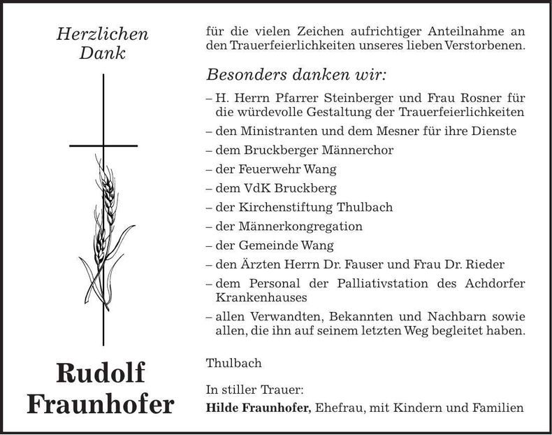 Traueranzeige Rudolf Fraunhofer