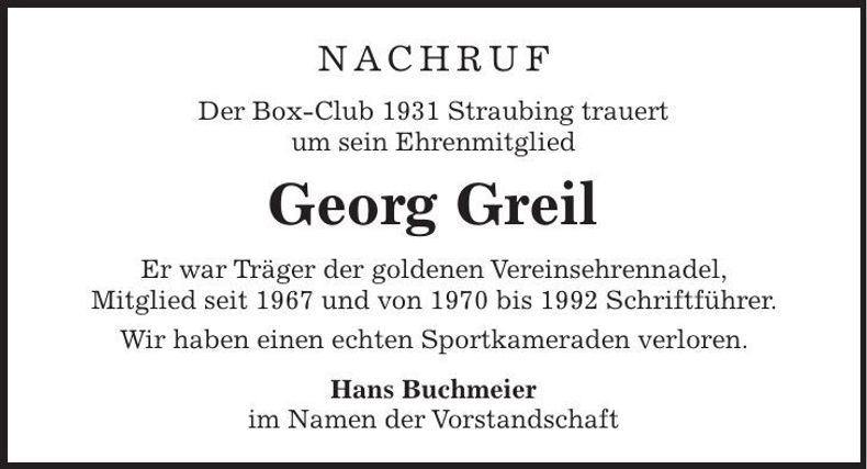 Traueranzeige Georg Greil